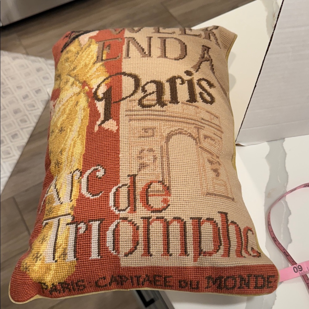 Weekend in Paris Needlepoint Pillow -  Arc de Triomphe Parisian Red and Cream